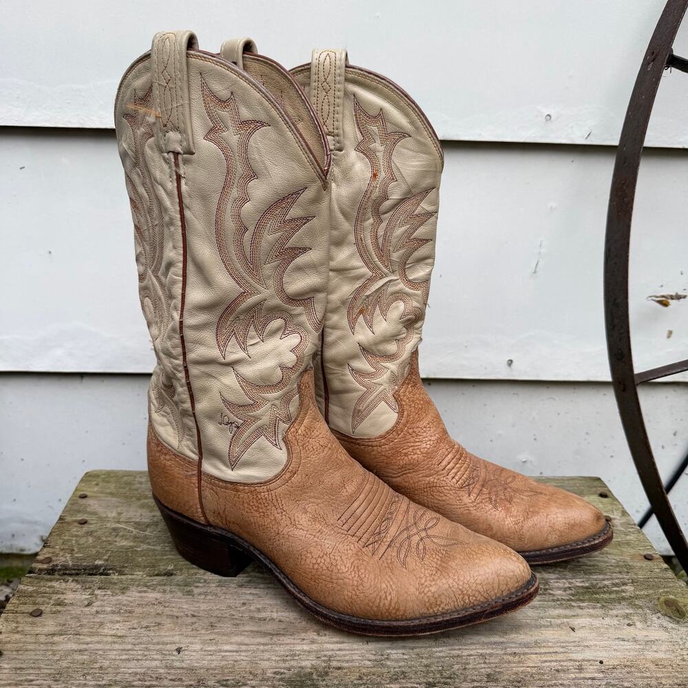 90s Dan Post 8 1/2D Shrunken Sanded Bull Shoulder Giraffe Stripe Cowboy Boots